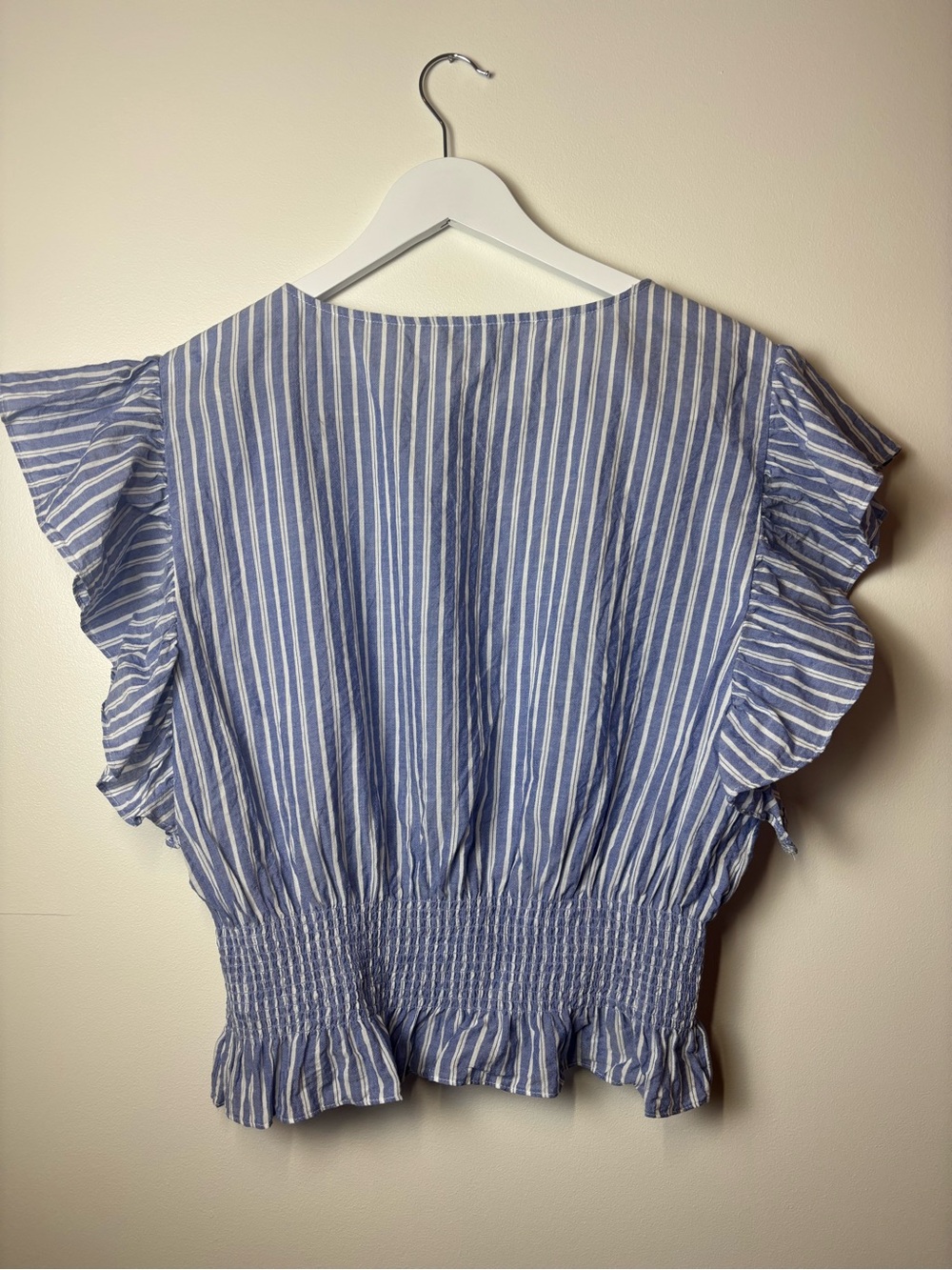 Madewell Stripped Flutter Sleeve Light Blue & White Smock Top, size M - Picture 5 of 9